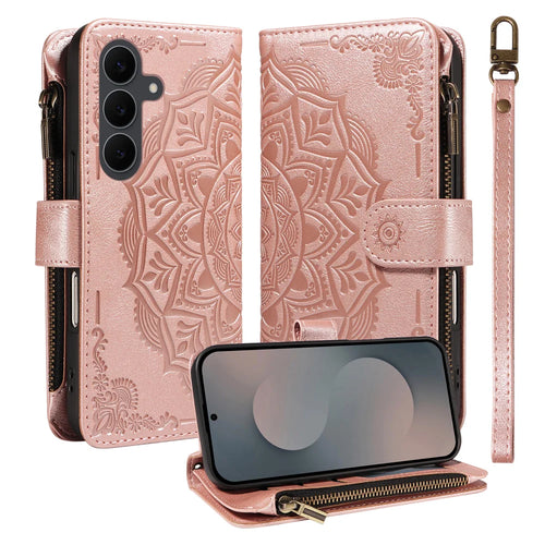 For Samsung Galaxy S25 FE Wallet Case 9 Card Slots RFID Blocking Mandala Embossed Leather Flip Cover with Wrist Strap - Rose Gold - 1
