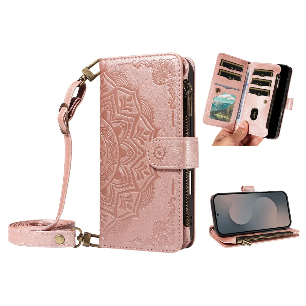 For Samsung Galaxy S25 FE Wallet Case 9 Card Slots RFID Blocking Mandala Embossed Leather Flip Cover with Wrist Strap - Rose Gold - 2