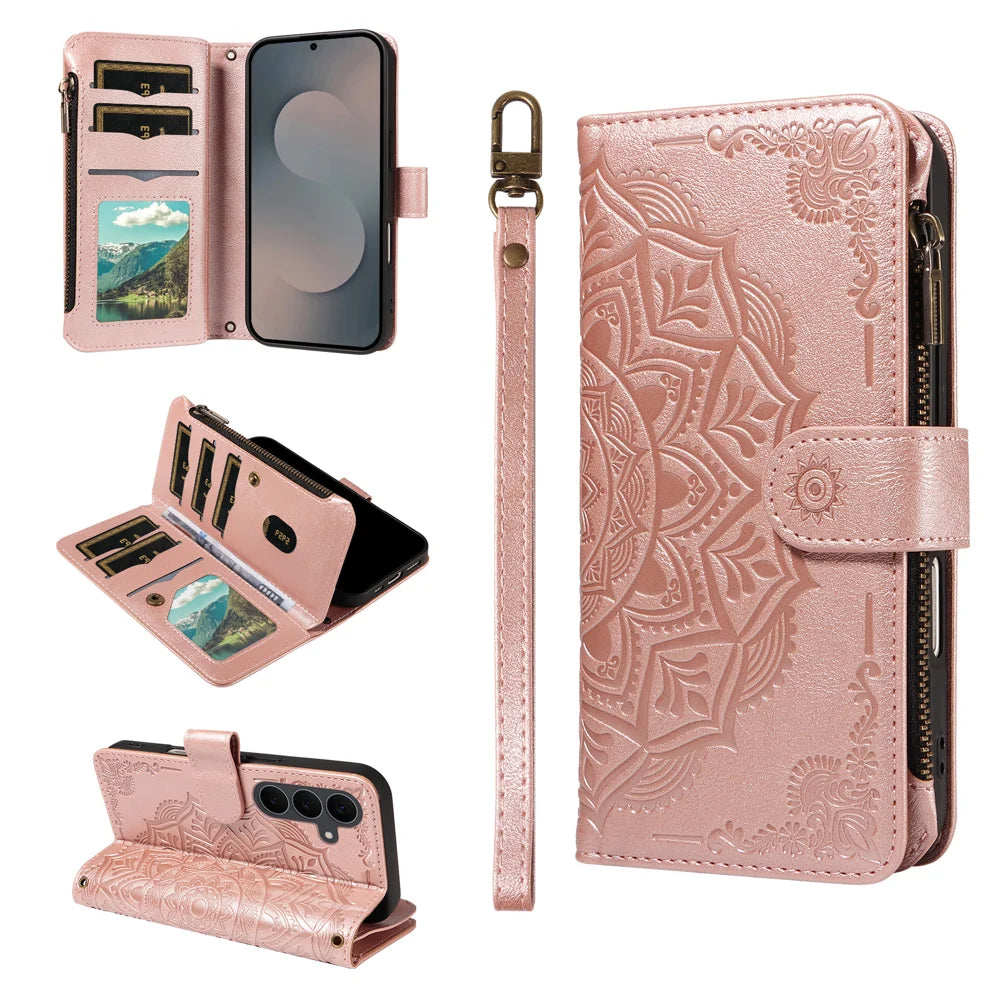 For Samsung Galaxy S25 FE Wallet Case 9 Card Slots RFID Blocking Mandala Embossed Leather Flip Cover with Wrist Strap - Rose Gold - 3
