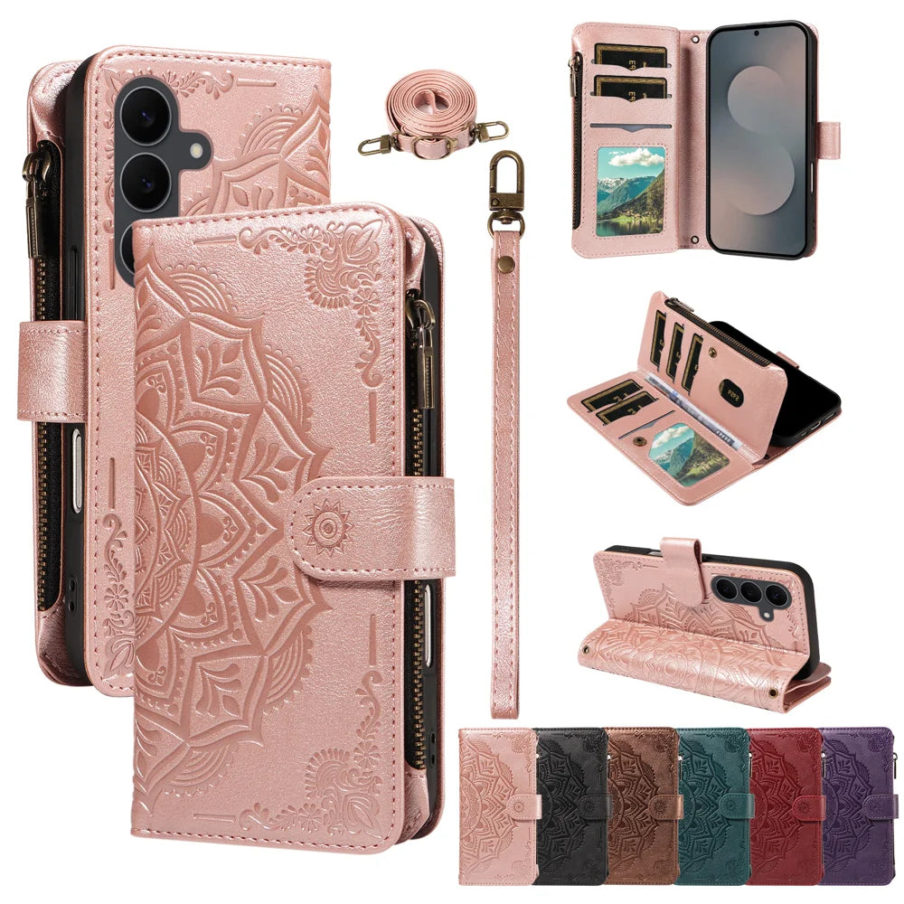 For Samsung Galaxy S25 FE Wallet Case 9 Card Slots RFID Blocking Mandala Embossed Leather Flip Cover with Wrist Strap - Rose Gold - 4