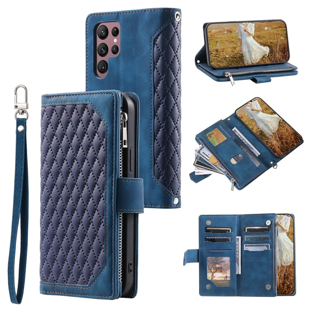 For Samsung Galaxy S23 Ultra 005 Style Rhombus Imprinted PU Leather Cover Zipper Pocket Stand Wallet Phone Case with Strap - Blue - 1
