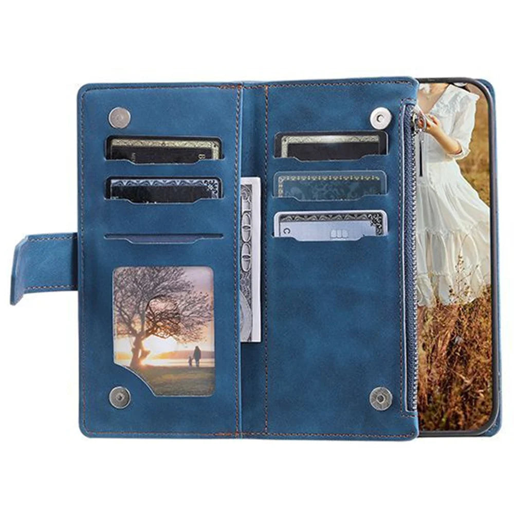 For Samsung Galaxy S23 Ultra 005 Style Rhombus Imprinted PU Leather Cover Zipper Pocket Stand Wallet Phone Case with Strap - Blue - 2