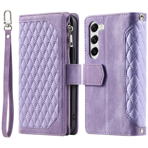 For Samsung Galaxy S23 005 Style Rhombus Imprinted Wallet Case PU Leather Magnetic Closure Handbag Zipper Pocket Stand Flip Phone Cover with Strap - Purple - 1