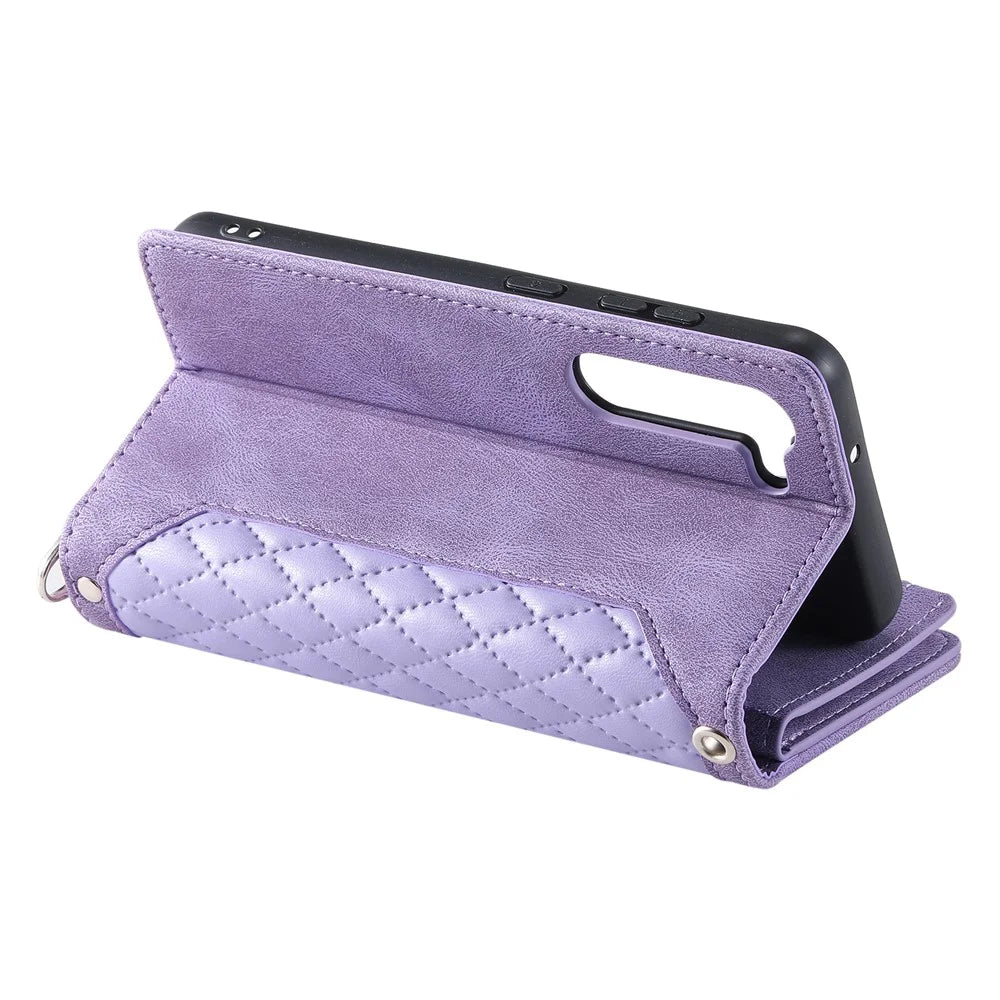 For Samsung Galaxy S23 005 Style Rhombus Imprinted Wallet Case PU Leather Magnetic Closure Handbag Zipper Pocket Stand Flip Phone Cover with Strap - Purple - 4