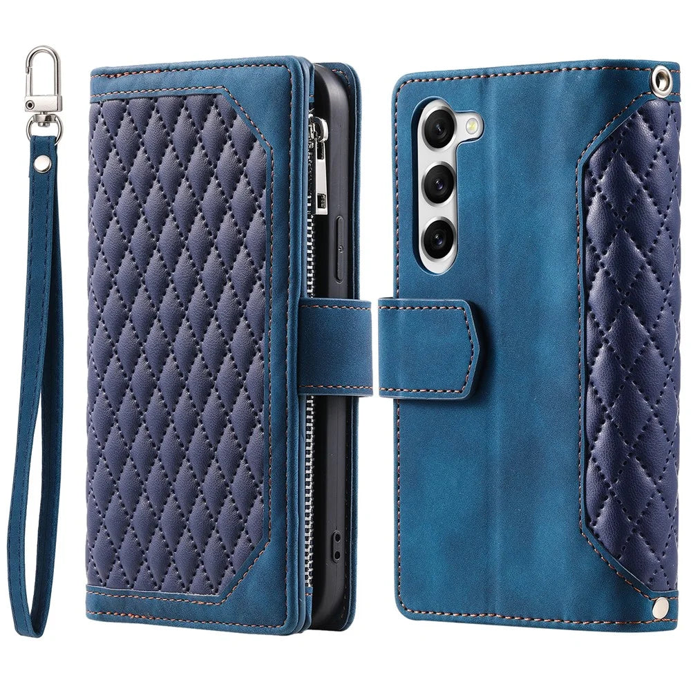 For Samsung Galaxy S23+ 005 Style Rhombus Imprinted PU Leather Flip Wallet Case Magnetic Handbag Zipper Pocket Stand Phone Cover with Strap - Blue - 1