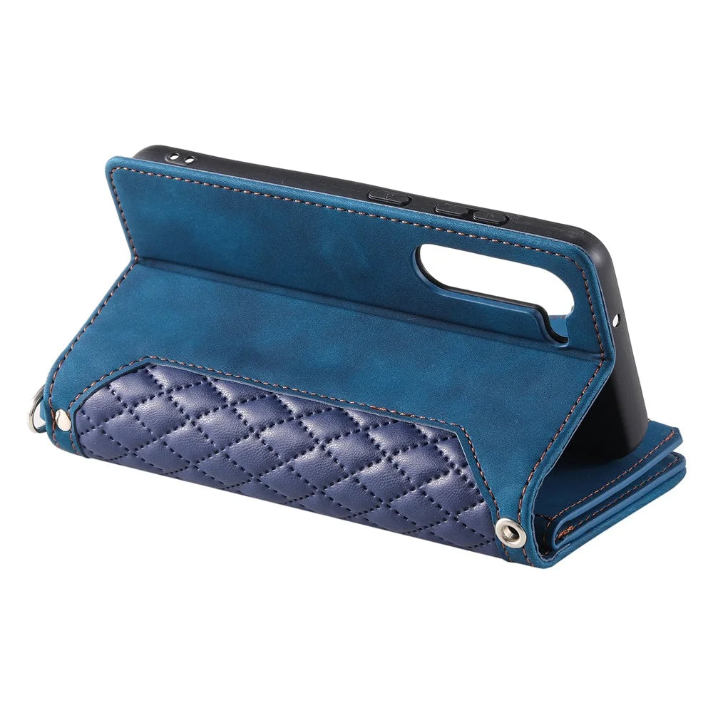 For Samsung Galaxy S23+ 005 Style Rhombus Imprinted PU Leather Flip Wallet Case Magnetic Handbag Zipper Pocket Stand Phone Cover with Strap - Blue - 4