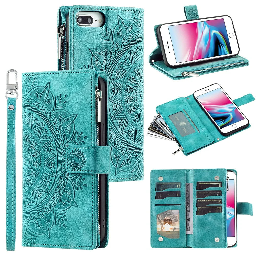 For iPhone 7 Plus / 8 Plus 5.5 inch Zipper Pocket Wallet Case PU Leather Stand Multiple Card Slots Mandala Flower Imprinted Phone Cover with Strap - Green - 1