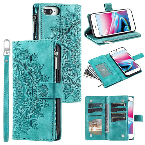 For iPhone 7 Plus / 8 Plus 5.5 inch Zipper Pocket Wallet Case PU Leather Stand Multiple Card Slots Mandala Flower Imprinted Phone Cover with Strap - Green - 1