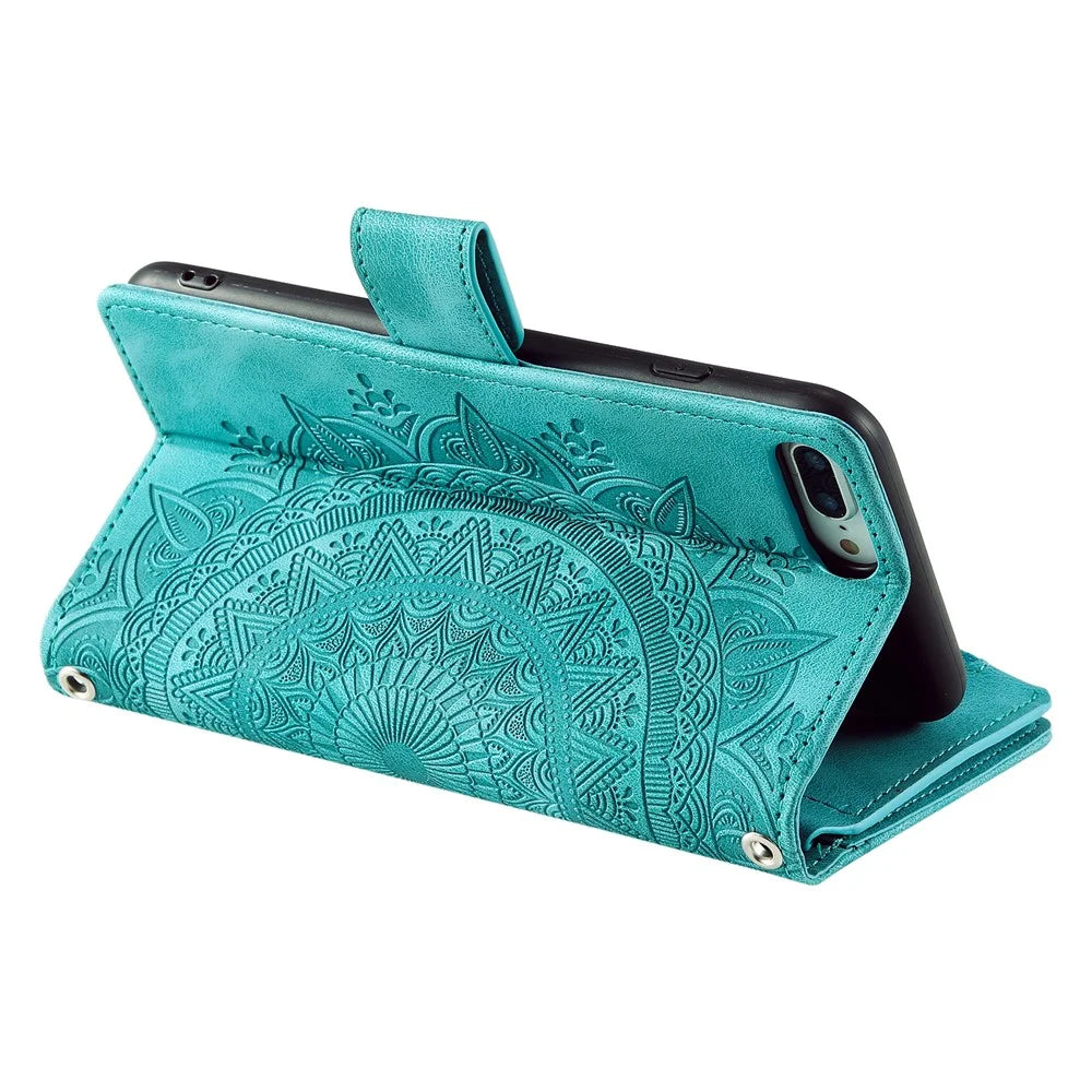 For iPhone 7 Plus / 8 Plus 5.5 inch Zipper Pocket Wallet Case PU Leather Stand Multiple Card Slots Mandala Flower Imprinted Phone Cover with Strap - Green - 3