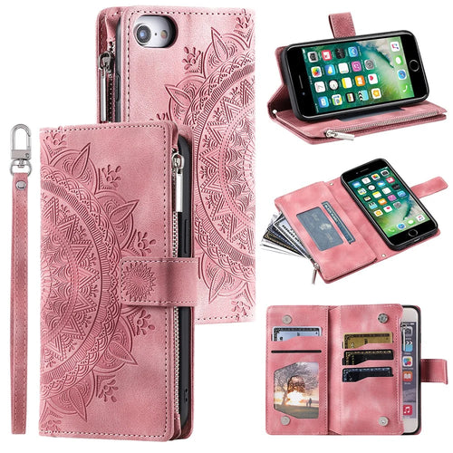 For iPhone 7 / 8 4.7 inch / SE (2020) / SE (2022) PU Leather Zipper Pocket Phone Cover Mandala Flower Imprinted Stand Multiple Card Slots Wallet Case with Strap - Rose Gold - 1