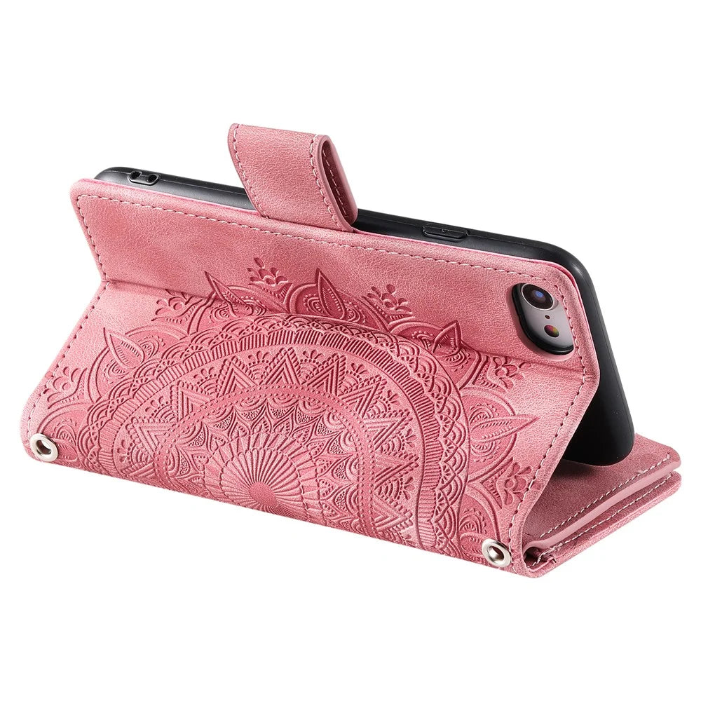 For iPhone 7 / 8 4.7 inch / SE (2020) / SE (2022) PU Leather Zipper Pocket Phone Cover Mandala Flower Imprinted Stand Multiple Card Slots Wallet Case with Strap - Rose Gold - 3