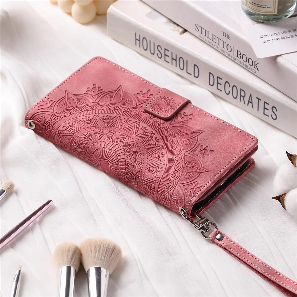 For iPhone 7 / 8 4.7 inch / SE (2020) / SE (2022) PU Leather Zipper Pocket Phone Cover Mandala Flower Imprinted Stand Multiple Card Slots Wallet Case with Strap - Rose Gold - 5