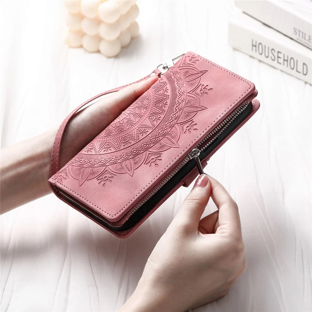 For iPhone 7 / 8 4.7 inch / SE (2020) / SE (2022) PU Leather Zipper Pocket Phone Cover Mandala Flower Imprinted Stand Multiple Card Slots Wallet Case with Strap - Rose Gold - 7