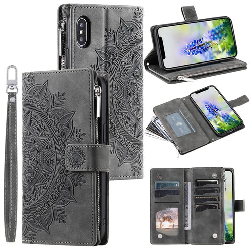 For iPhone XS Max 6.5 inch Mandala Flower Imprinted PU Leather Wallet Folio Flip Case Zipper Pocket Multiple Card Slots Stand Phone Cover with Strap - Grey - 1