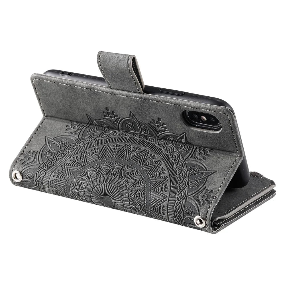For iPhone XS Max 6.5 inch Mandala Flower Imprinted PU Leather Wallet Folio Flip Case Zipper Pocket Multiple Card Slots Stand Phone Cover with Strap - Grey - 3
