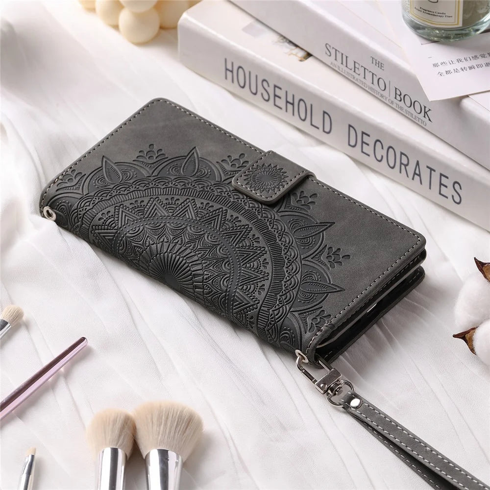 For iPhone XS Max 6.5 inch Mandala Flower Imprinted PU Leather Wallet Folio Flip Case Zipper Pocket Multiple Card Slots Stand Phone Cover with Strap - Grey - 6