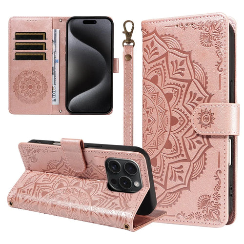 For iPhone 15 Pro Wallet Case Embossed Mandala Pattern PU Leather + TPU Cover with Wrist Strap - Rose Gold - 1