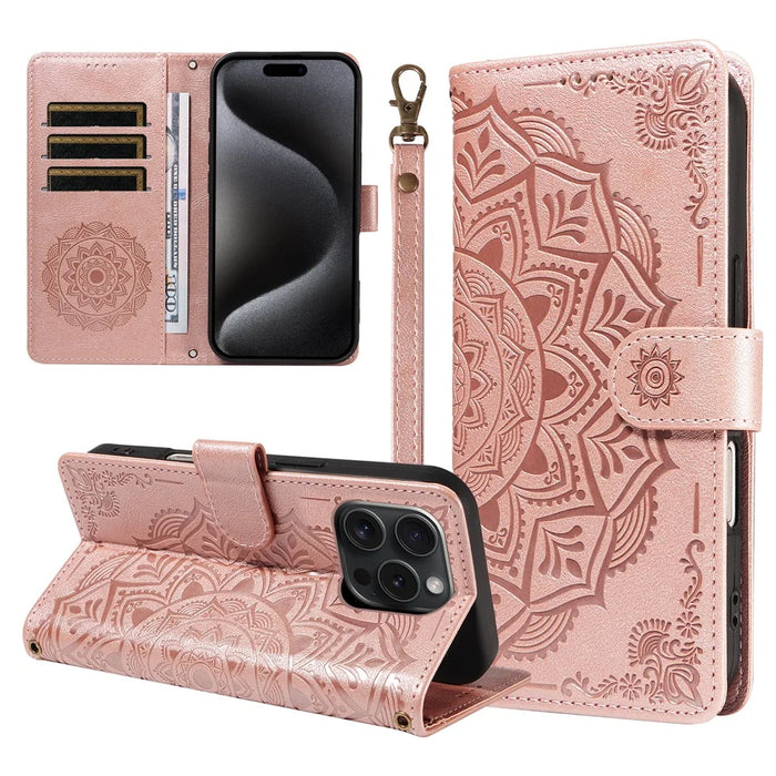 For iPhone 15 Pro Wallet Case Embossed Mandala Pattern PU Leather + TPU Cover with Wrist Strap - Rose Gold - 1