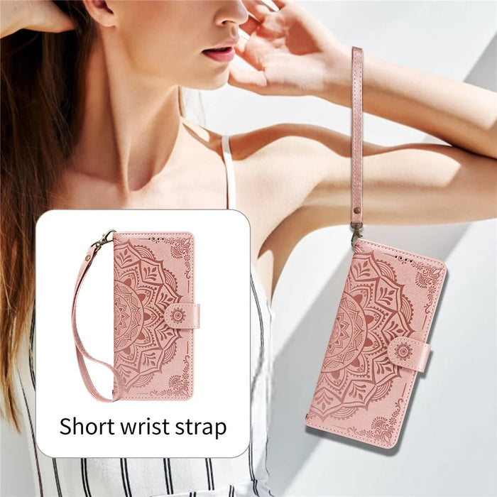 For iPhone 15 Pro Wallet Case Embossed Mandala Pattern PU Leather + TPU Cover with Wrist Strap - Rose Gold - 3