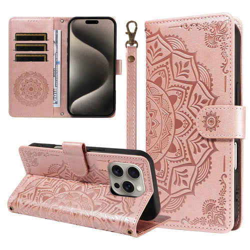 For iPhone 15 Pro Max Wallet Case Embossed Mandala Pattern PU Leather + TPU Cover with Wrist Strap - Rose Gold - 1
