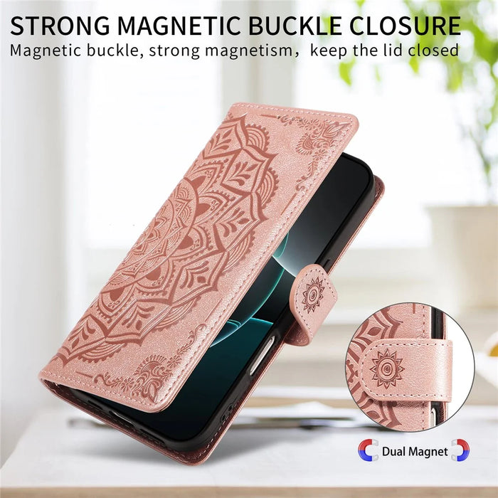 For iPhone 15 Pro Max Wallet Case Embossed Mandala Pattern PU Leather + TPU Cover with Wrist Strap - Rose Gold - 4