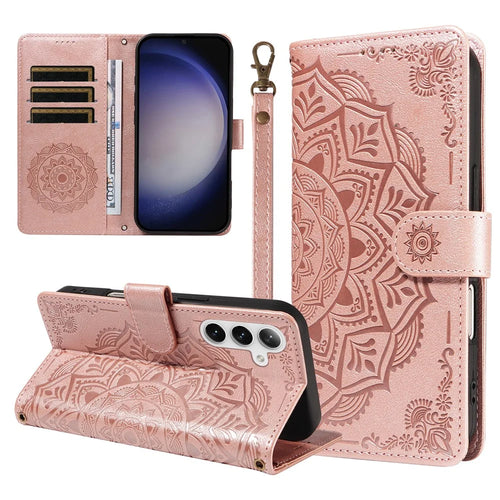 For Samsung Galaxy S25 Wallet Case Embossed Mandala Pattern PU Leather + TPU Cover with Wrist Strap - Rose Gold - 1
