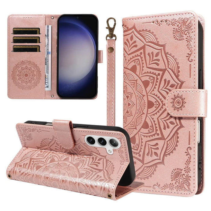 For Samsung Galaxy S25 Wallet Case Embossed Mandala Pattern PU Leather + TPU Cover with Wrist Strap - Rose Gold - 1