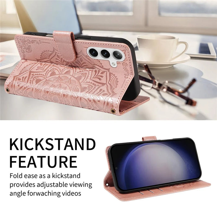 For Samsung Galaxy S25 Wallet Case Embossed Mandala Pattern PU Leather + TPU Cover with Wrist Strap - Rose Gold - 2