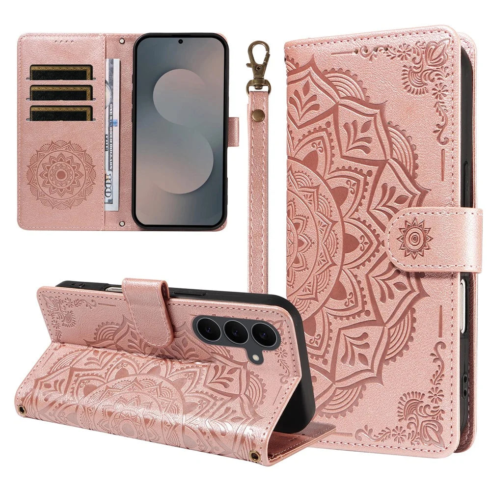 For Samsung Galaxy S25 FE Wallet Case Embossed Mandala Pattern PU Leather + TPU Cover with Wrist Strap - Rose Gold - 1