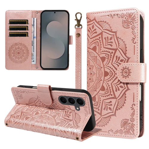 For Samsung Galaxy S25 FE Wallet Case Embossed Mandala Pattern PU Leather + TPU Cover with Wrist Strap - Rose Gold - 1