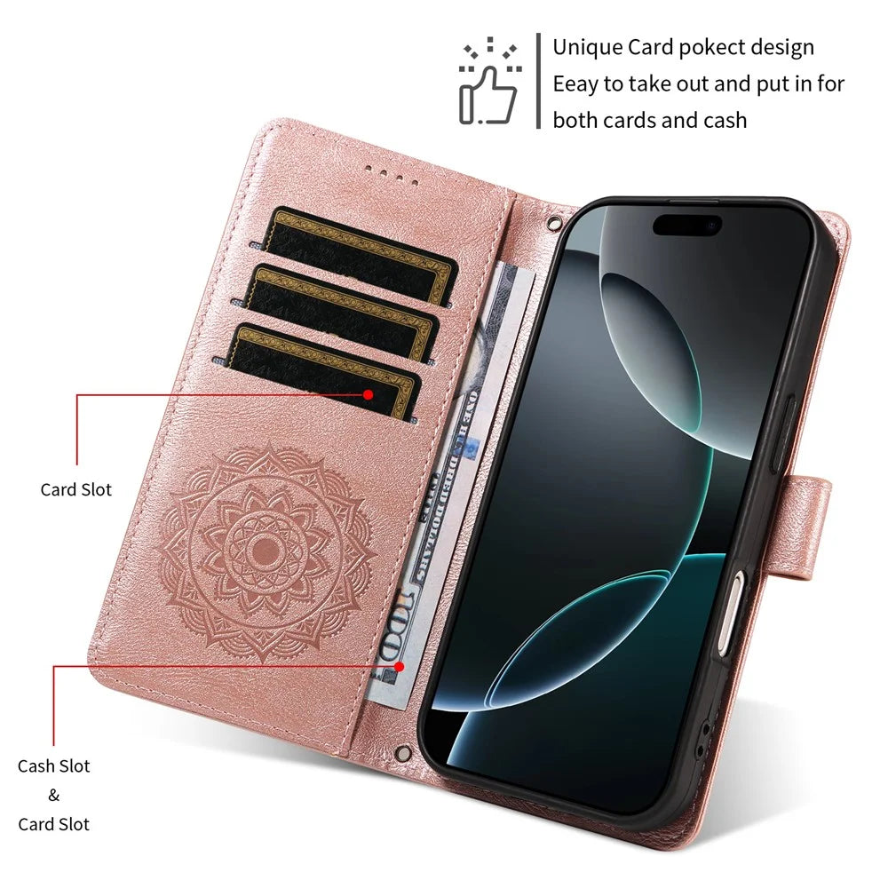 For Samsung Galaxy S25 FE Wallet Case Embossed Mandala Pattern PU Leather + TPU Cover with Wrist Strap - Rose Gold - 5
