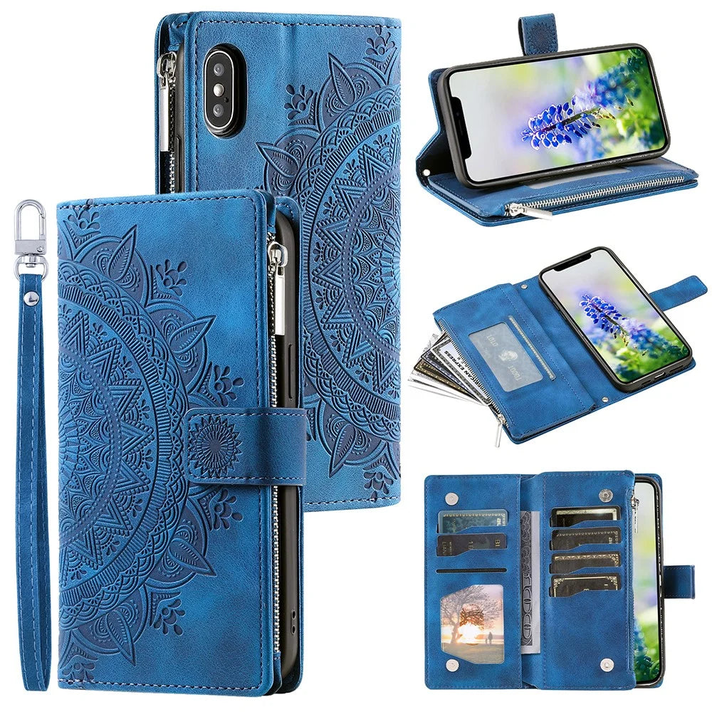 For iPhone X / XS 5.8 inch Mandala Flower Imprinted PU Leather Wallet Phone Case Multiple Card Slots Magnetic Closure Zipper Pocket Handbag Stand Flip Cover with Strap - Blue - 1