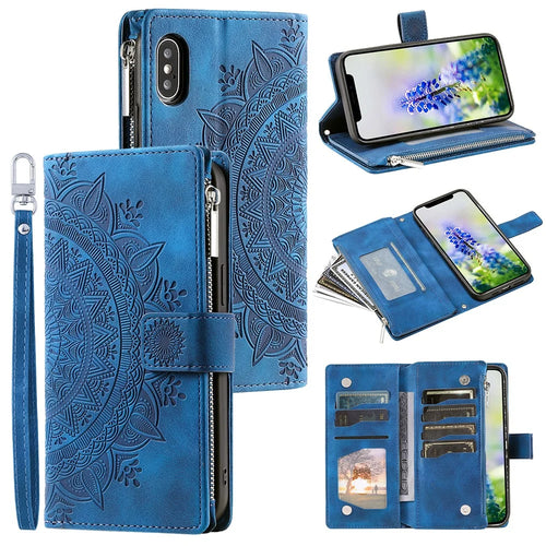 For iPhone X / XS 5.8 inch Mandala Flower Imprinted PU Leather Wallet Phone Case Multiple Card Slots Magnetic Closure Zipper Pocket Handbag Stand Flip Cover with Strap - Blue - 1