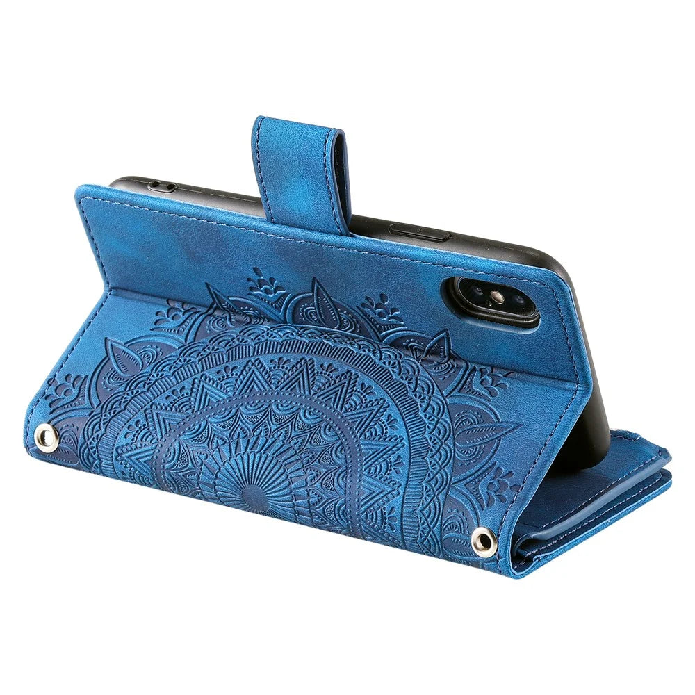 For iPhone X / XS 5.8 inch Mandala Flower Imprinted PU Leather Wallet Phone Case Multiple Card Slots Magnetic Closure Zipper Pocket Handbag Stand Flip Cover with Strap - Blue - 3