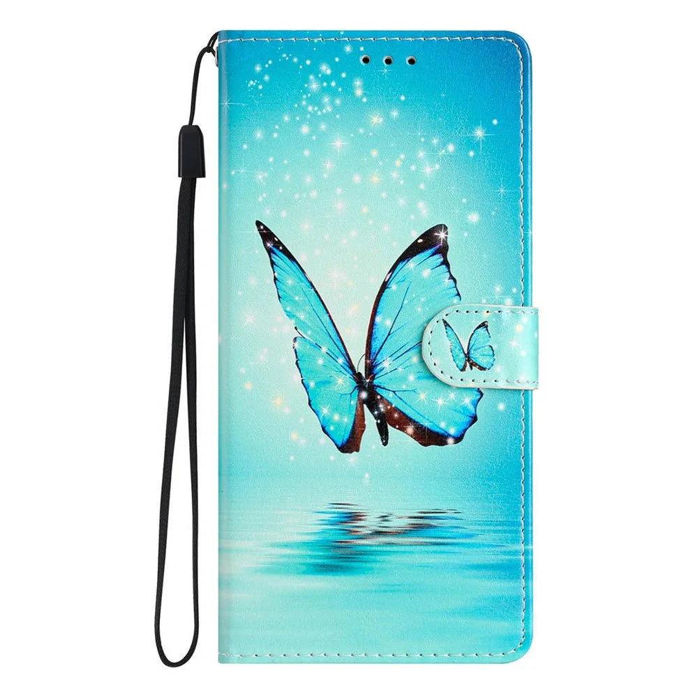 For Samsung Galaxy A18 4G Wallet Case PU Leather Pattern Printing Stand Phone Cover with Strap - Blue Butterfly - 7