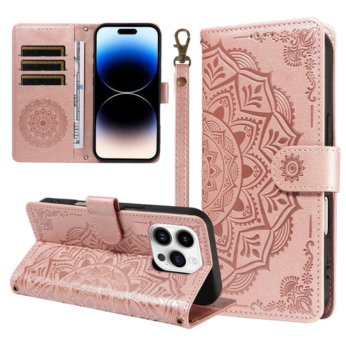For iPhone 14 Pro Wallet Case Embossed Mandala Pattern PU Leather + TPU Cover with Wrist Strap - Rose Gold - 1