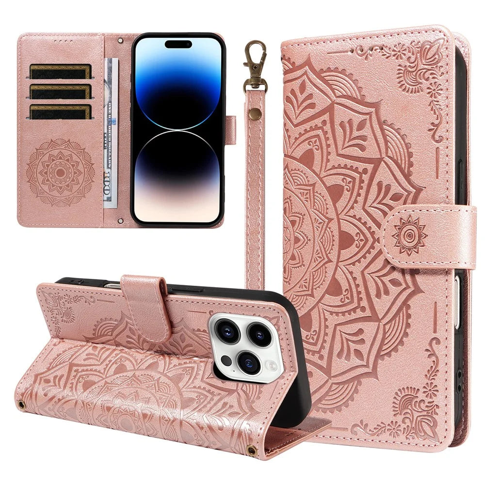 For iPhone 14 Pro Wallet Case Embossed Mandala Pattern PU Leather + TPU Cover with Wrist Strap - Rose Gold - 1