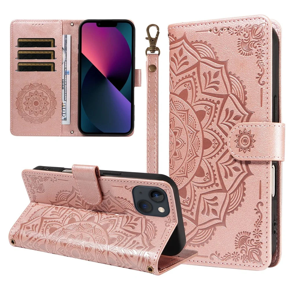 For iPhone 14 Wallet Case Embossed Mandala Pattern PU Leather + TPU Cover with Wrist Strap - Rose Gold - 1