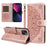 For iPhone 14 Wallet Case Embossed Mandala Pattern PU Leather + TPU Cover with Wrist Strap - Rose Gold - 1