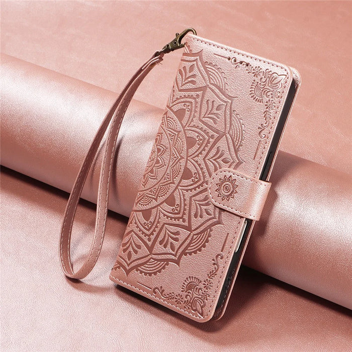 For iPhone 14 Wallet Case Embossed Mandala Pattern PU Leather + TPU Cover with Wrist Strap - Rose Gold - 6