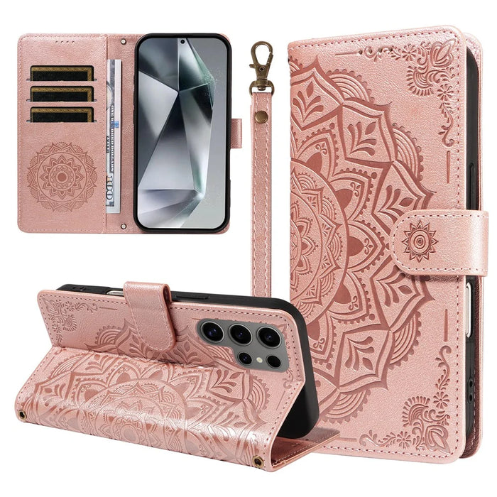 For Samsung Galaxy S24 Ultra Wallet Case Embossed Mandala Pattern PU Leather + TPU Cover with Wrist Strap - Rose Gold - 1
