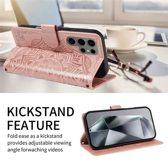 For Samsung Galaxy S24 Ultra Wallet Case Embossed Mandala Pattern PU Leather + TPU Cover with Wrist Strap - Rose Gold - 2