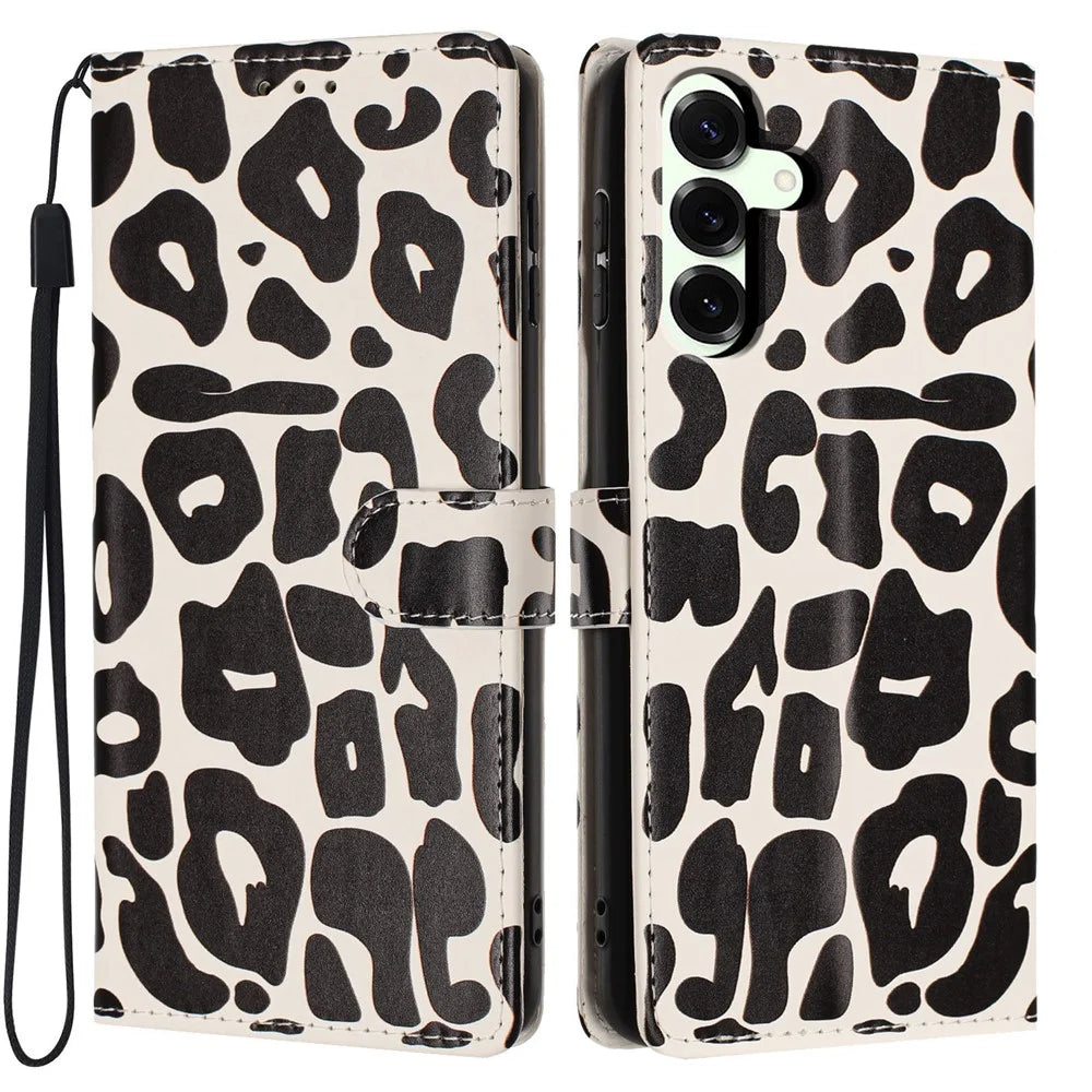 For Samsung Galaxy A27 5G Case Leopard Print Wallet Stand Flip Leather Phone Cover with Wrist Strap - Black - 1