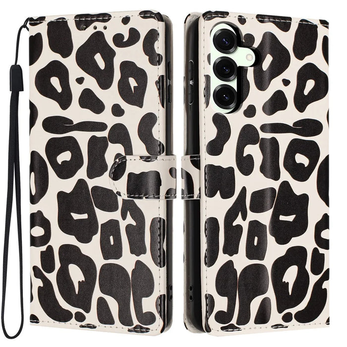 For Samsung Galaxy A27 5G Case Leopard Print Wallet Stand Flip Leather Phone Cover with Wrist Strap - Black - 1
