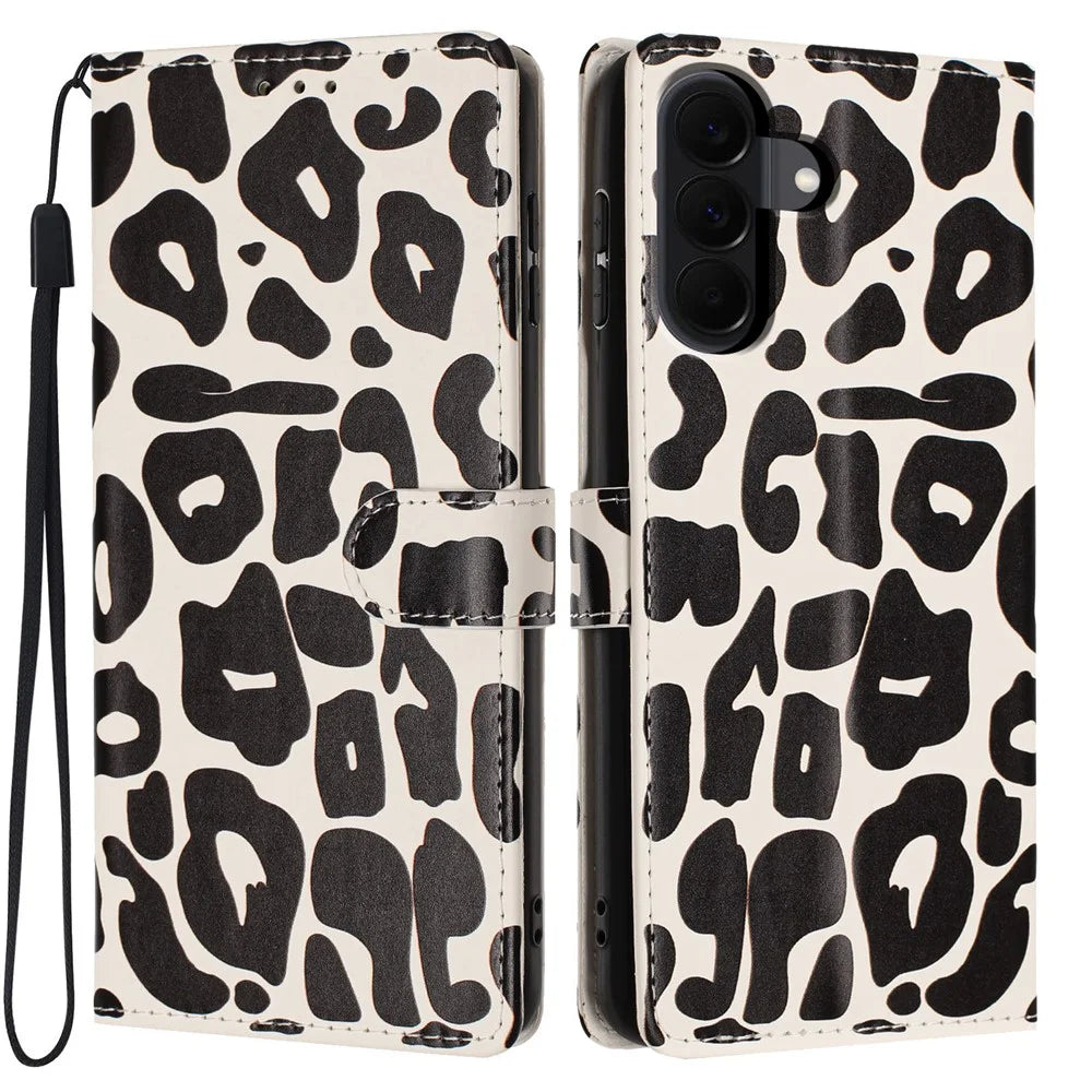For Samsung Galaxy A37 5G Case Leopard Print Wallet Stand Flip Leather Phone Cover with Wrist Strap - Black - 1