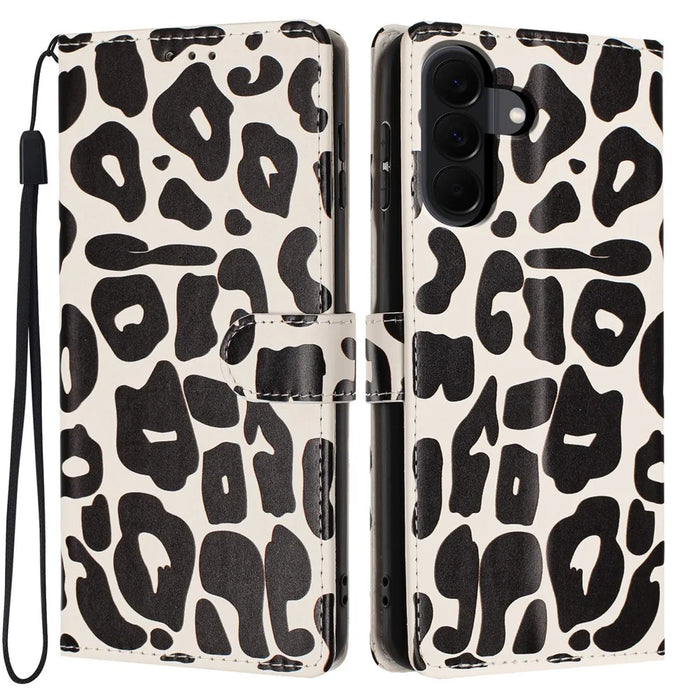 For Samsung Galaxy A37 5G Case Leopard Print Wallet Stand Flip Leather Phone Cover with Wrist Strap - Black - 1