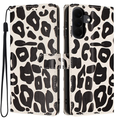 For Samsung Galaxy A57 5G Case Leopard Print Wallet Stand Flip Leather Phone Cover with Wrist Strap - Black - 1
