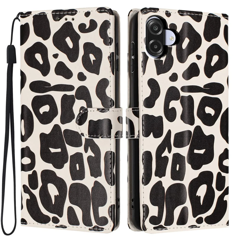 For Samsung Galaxy A08 5G / A08 4G / A07 5G / A07 4G Case Leopard Print Wallet Stand Flip Leather Phone Cover with Wrist Strap - Black - 1