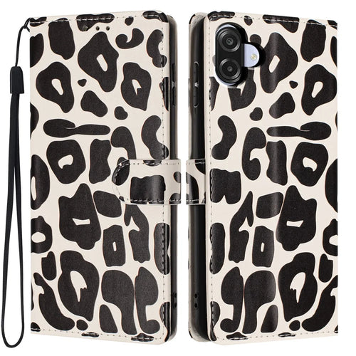 For Samsung Galaxy A06 4G Case Leopard Print Wallet Stand Flip Leather Phone Cover with Wrist Strap - Black - 1