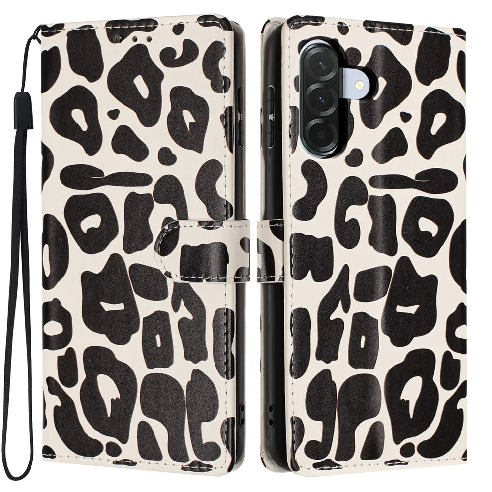 For Samsung Galaxy A36 5G Case Leopard Print Wallet Stand Flip Leather Phone Cover with Wrist Strap - Black - 1